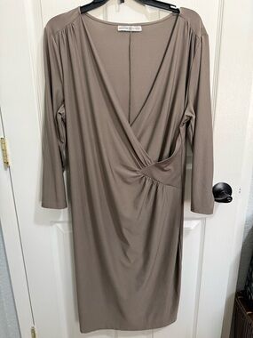 Signature collection Taupe Faux-Wrap Jersey Midi Dress 3/4 sleeves